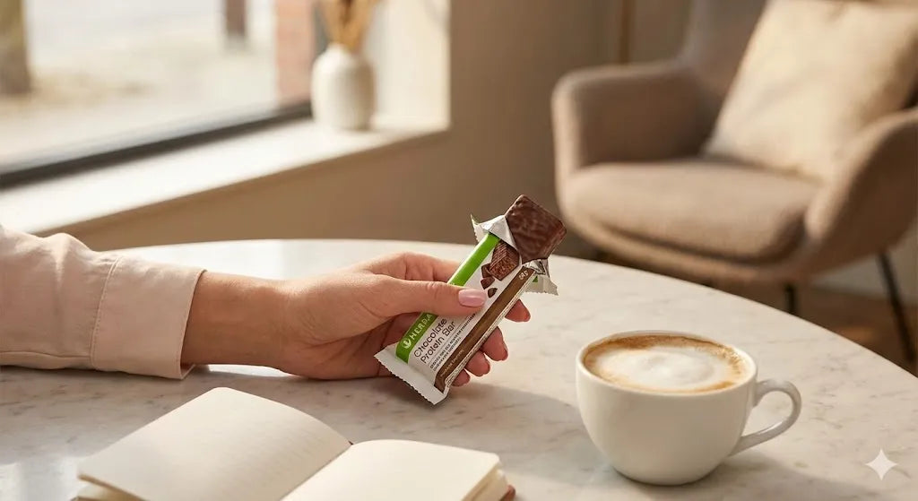 Mână delicată de femeie, cu o manichiură îngrijită și impecabilă, ținând un baton proteic Herbalife lângă o ceașcă de cafea, sugerând o gustare sănătoasă și un desert fără vinovăție de pe blogul Herbalclub.ro