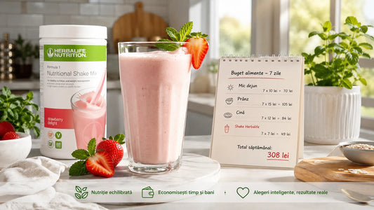 Mic dejun cu shake Herbalife Formula 1 de căpșuni și planificarea costurilor alimentare pentru o săptămână.