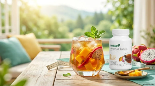 Ceai Herbalife cu aromă de mango și fructul dragonului lângă un pahar cu gheață și fructe proaspete