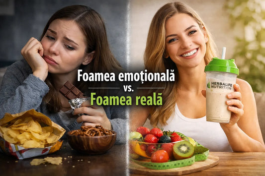 Femeie alegând un shake Herbalife ca masă echilibrată, comparativ cu mâncatul pe fond emoțional
