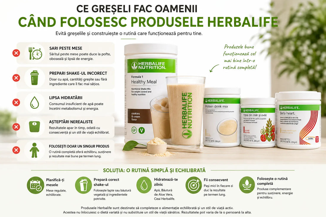 nfografic Herbalife despre greșelile frecvente în folosirea produselor și importanța unei rutine echilibrate