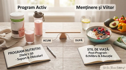 Ilustrație conceptuală care compară un program activ de slăbire cu Herbalife și faza de menținere a greutății prin echilibru și educație nutrițională, reprezentând tranziția către un stil de viață sănătos, cu semnătura Iulia Ene, Tehnician Nutriționist.