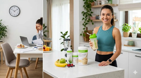 Mic dejun echilibrat cu shake Herbalife comparativ cu săritul peste mese, ilustrând importanța rutinei alimentare