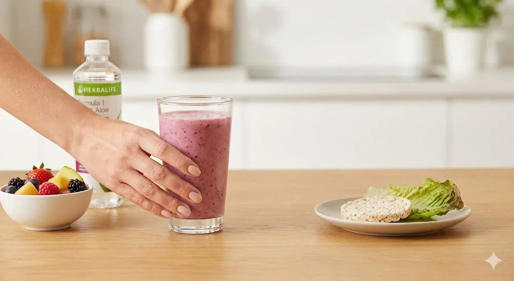 Mână delicată de femeie cu manichiură neutră alegând un shake nutritiv în locul unor gustări nesănătoase, pe un fundal luminos și proaspăt.