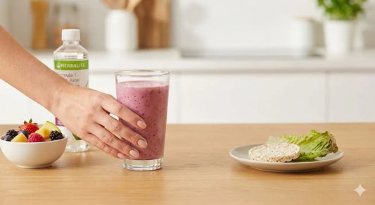 Mână delicată de femeie cu manichiură neutră alegând un shake nutritiv în locul unor gustări nesănătoase, pe un fundal luminos și proaspăt.