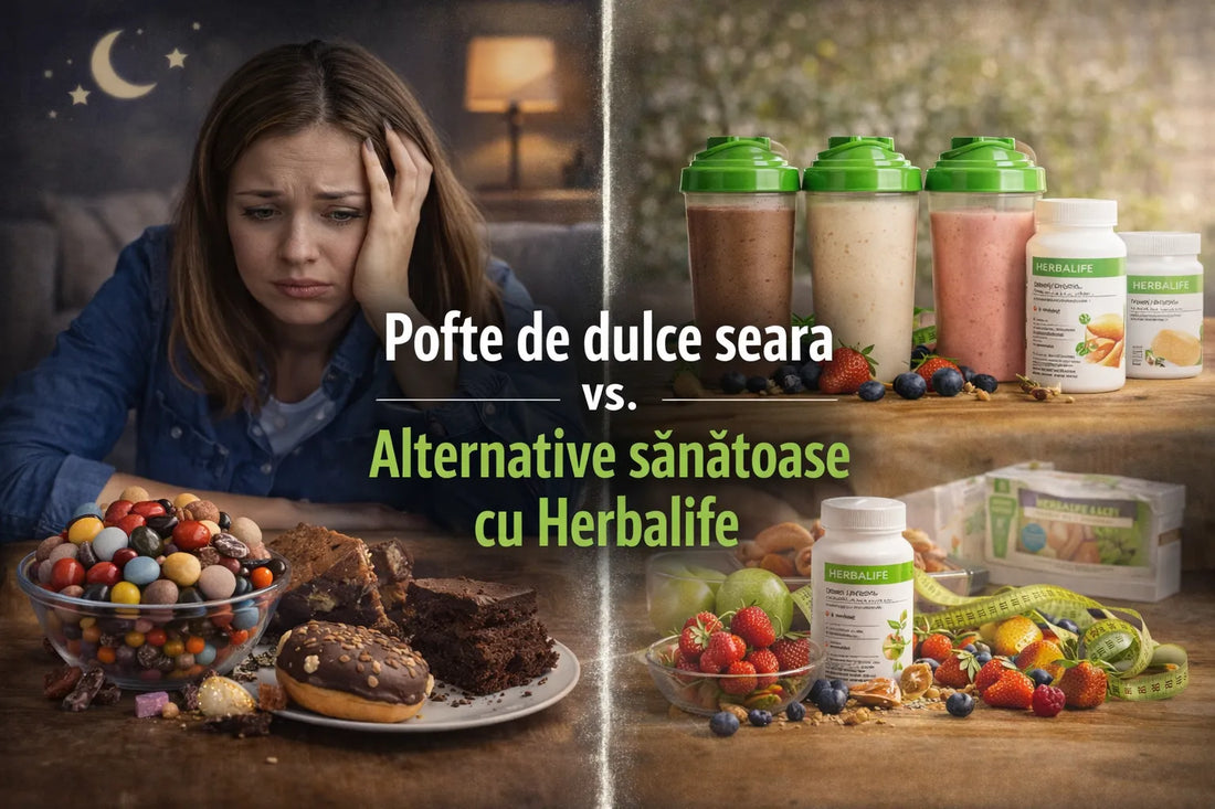 Gustare echilibrată cu shake Herbalife comparativ cu consumul de dulciuri seara, ilustrând controlul poftelor