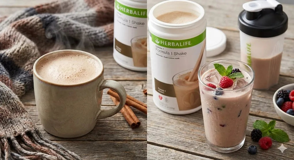 Shake-ul Formula 1: în stânga, o cană aburindă de shake cald cu scorțișoară pentru iarnă; în dreapta, un pahar cu shake rece, gheață și fructe proaspete de pădure pentru vară.
