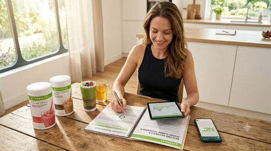 Tehnician nutriționist analizând grafice de performanță metabolică pe tabletă și planificând un protocol de slăbire sustenabilă cu produse Herbalife