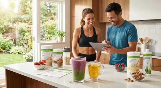 Persoane active într-o bucătărie modernă pregătind un shake nutritiv și planificând dieta pentru un metabolism activ