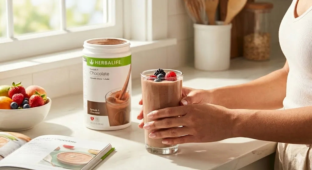 Mână delicată de femeie, cu o manichiură îngrijită și impecabilă, ținând un pahar cu un shake cremos de ciocolată într-un decor matinal luminos, sugestie de mic dejun sănătos de pe blogul Herbalclub.ro