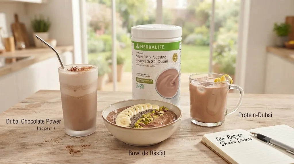 Prezentare vizuală a noului Herbalife Formula 1 Shake Mix Nutritiv: Ciocolată Stil Dubai, înconjurat de trei preparate delicioase: un shake Dubai Chocolate Power, un Bowl de Răsfăț cu fistic și un smoothie Protein-Dubai, servite într-o bucătărie modernă