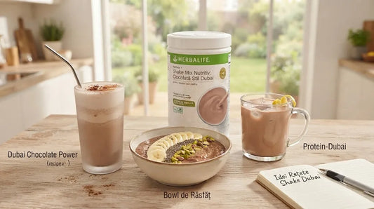 Prezentare vizuală a noului Herbalife Formula 1 Shake Mix Nutritiv: Ciocolată Stil Dubai, înconjurat de trei preparate delicioase: un shake Dubai Chocolate Power, un Bowl de Răsfăț cu fistic și un smoothie Protein-Dubai, servite într-o bucătărie modernă