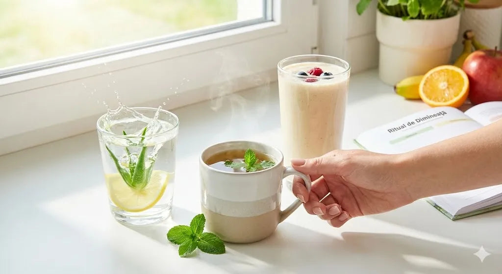 O mână de femeie cu manichiură îngrijită ține o cană de ceai fierbinte pe un pervaz însorit, lângă un pahar cu apă și aloe și un shake proteic cu fructe, ilustrând un ritual de dimineață sănătos.
