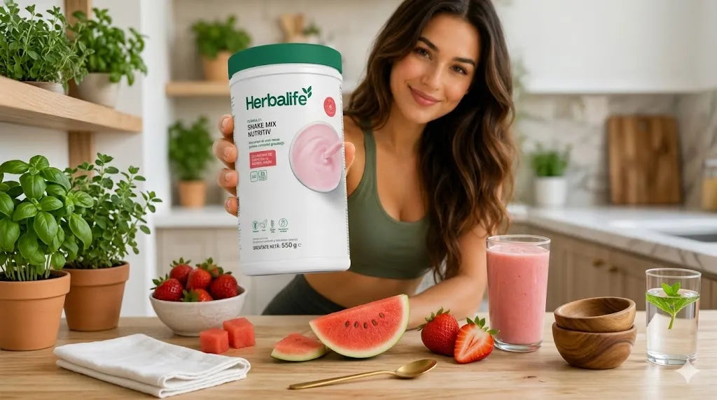 Femeie zâmbitoare ținând în mână un shake Herbalife cu aromă de căpșune și pepene roșu, pregătită pentru o gustare nutritivă în bucătărie
