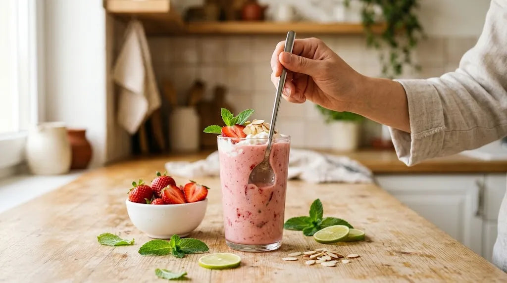 Shake Herbalife Căpșune cu mentă, lămâie verde și migdale — idei de rețete răcoritoare pentru mic dejun.