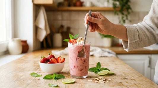 Shake Herbalife Căpșune cu mentă, lămâie verde și migdale — idei de rețete răcoritoare pentru mic dejun.