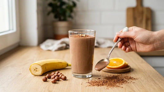 Shake Herbalife Ciocolată fină cu banană, alune de pădure și portocală — idei de rețete pentru mic dejun sănătos.