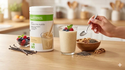 Shake Herbalife Vanilie cu granola și semințe de chia — idei de rețete pentru mic dejun sănătos.