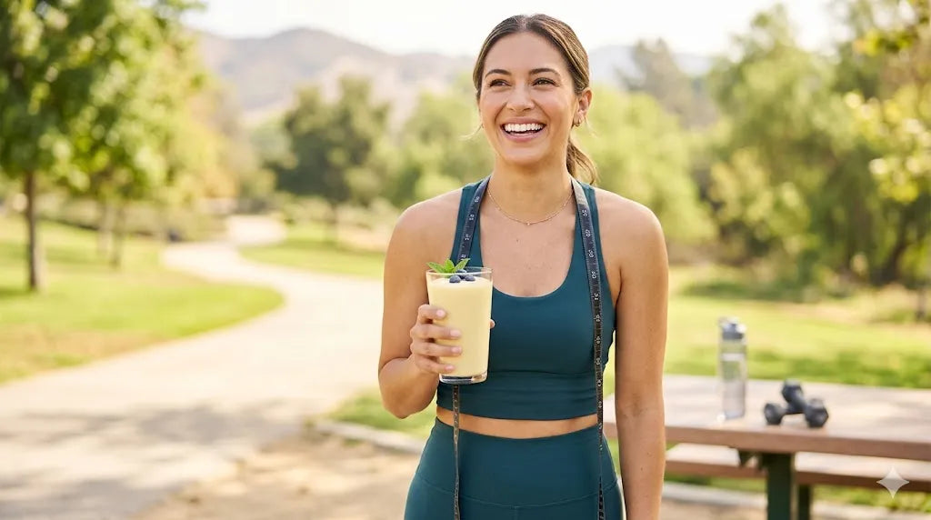 Femeie zâmbitoare după antrenament ținând un shake proteic Herbalife pentru slăbire sănătoasă