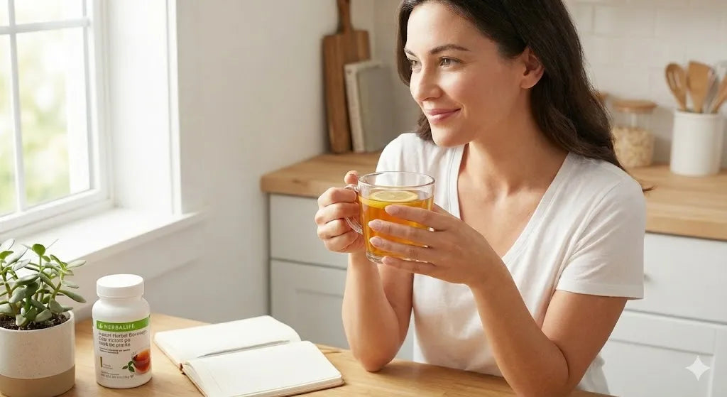 Flacon de Băutură Instant pe bază de plante Herbalife (eticheta România) pe un blat de bucătărie luminos; în fundal, o femeie cu mâini delicate și manichiură îngrijită bea dintr-o cană albă