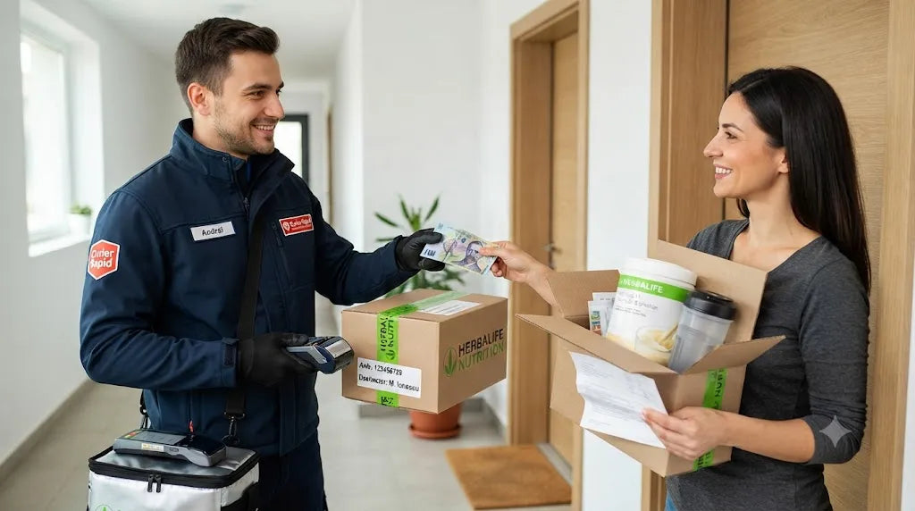 Curier care livrează un colet cu produse Herbalife și încasează plata ramburs de la o clientă