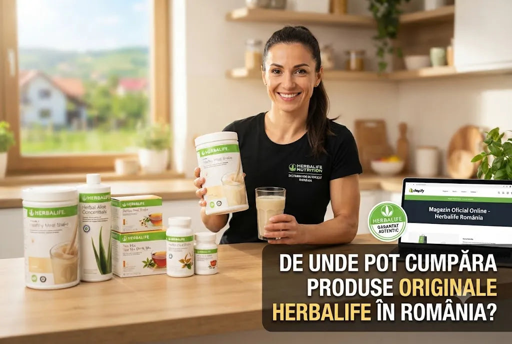 Femeie prezentând produse originale Herbalife pe site-ul Herbalclub.ro