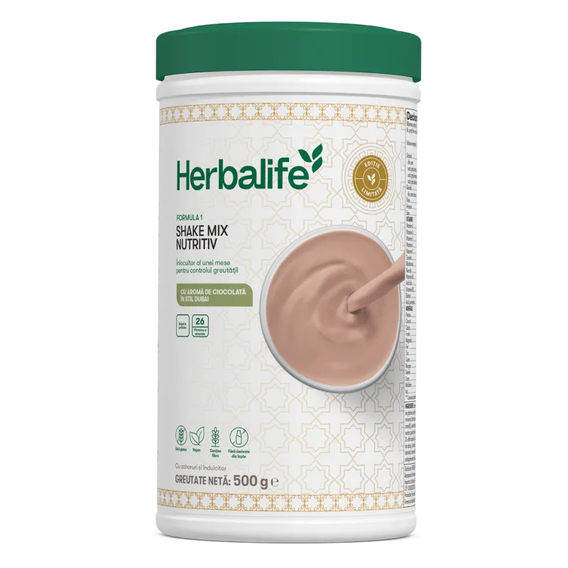 Produs Herbalife Formula 1 aromă ciocolată stil Dubai - înlocuitor de masă vegan cu vitamine și minerale.