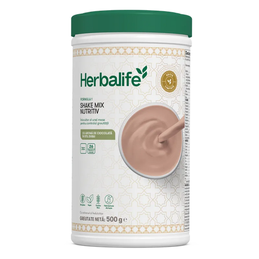 Produs Herbalife Formula 1 aromă ciocolată stil Dubai - înlocuitor de masă vegan cu vitamine și minerale.
